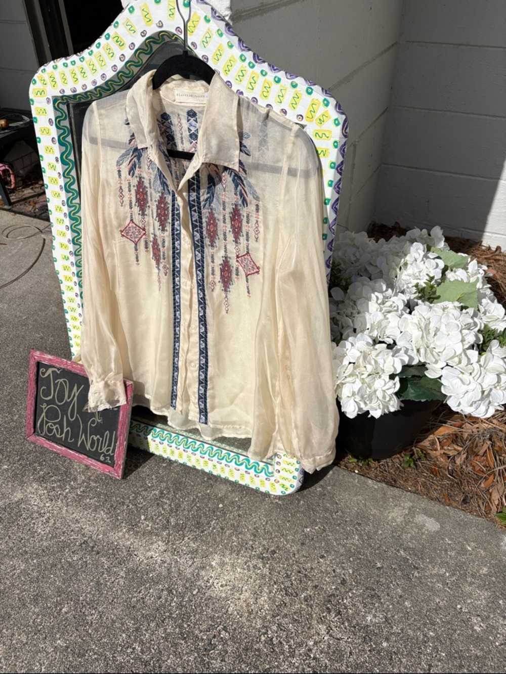 Sheer Embroidered Boho Blouse - Cream with Navy & Red Accents